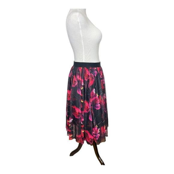 Esley Sz M Floral Black Pink Red Pleated Tulle Skirt Elastic Waist A-Line - Picture 2 of 8